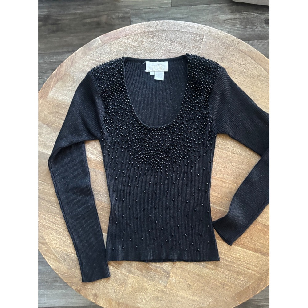 Cache Women's Black Beaded Lace Round-Neck Knit Top Small